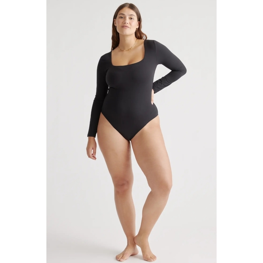 Quince Second Skin Square Neck Long Sleeve Bodysuit Size XLarge In Black NWT